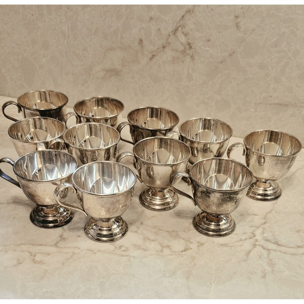 Silver Mid Century Modern Silver Plated Punch Bowl Cups, Set of 11